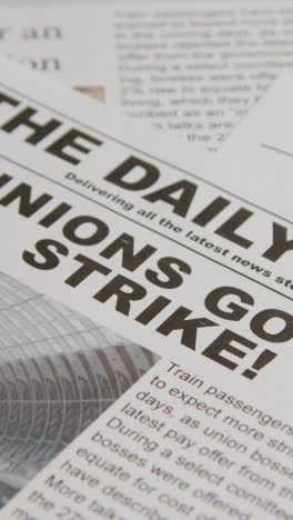 Vertical-Video-Of-Newspaper-Headlines-Discussing-Rail-Strike-Action-In-Trade-Union-Dispute-